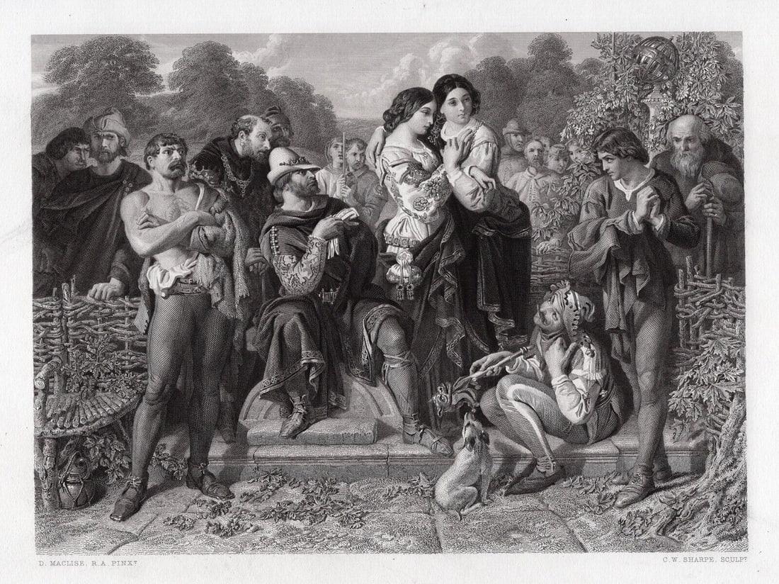 Daniel Maclise 1800s Engraving Orlando & the Wrestler Signed Framed: Daniel Maclise (Irish, 1806-1870). Orlando and the Wrestler, As You Like It. Antique engraving on wove paper after the original by master engraver Charles William Sharpe (British, 1818-1899). Year: 18