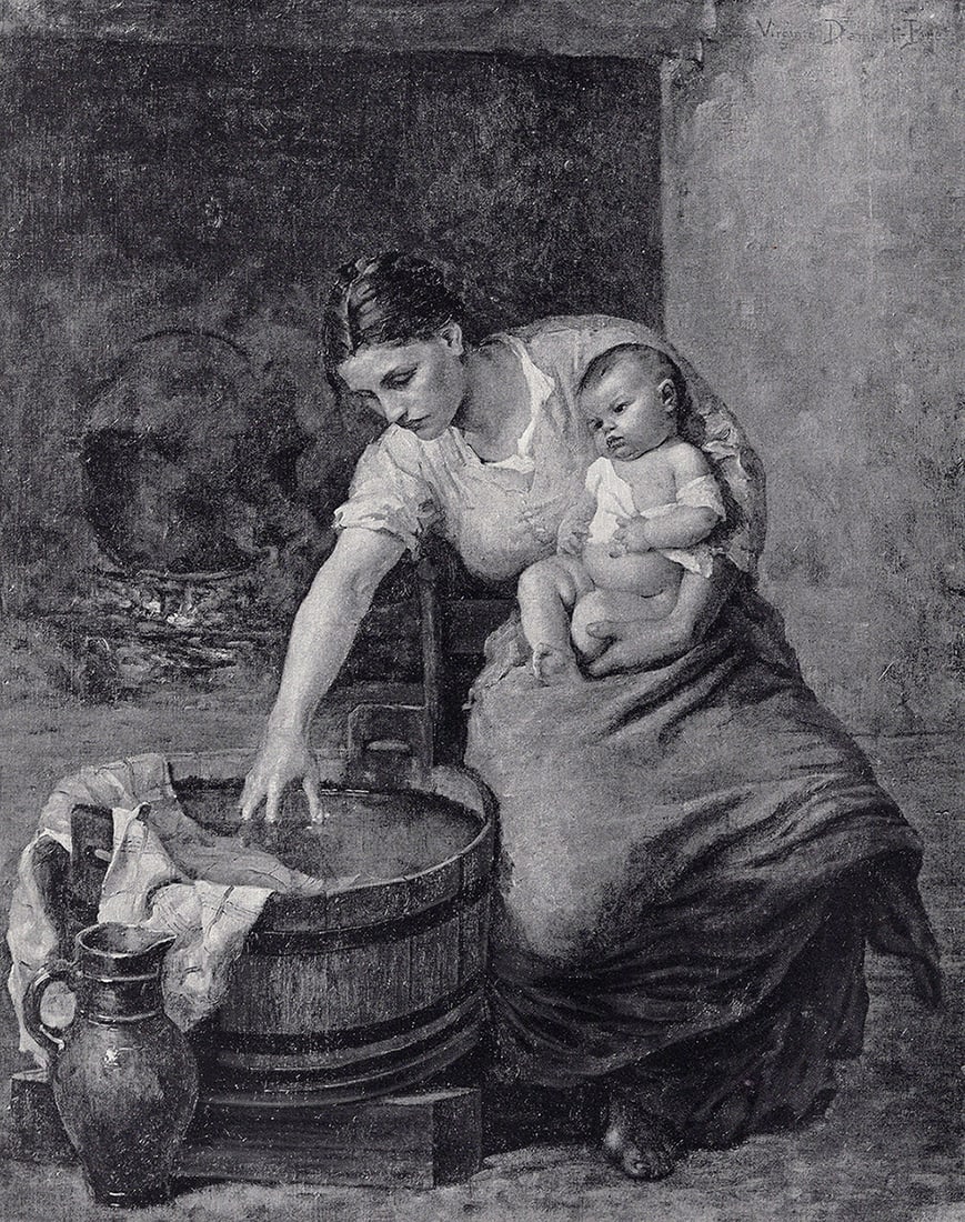 Virginie Demont-Breton 1800s Antique Print Mother & Child SIGNED Framed: Virginie Demont-Breton (Virginie elodie Marie Therese Demont-Breton) (French, 1859 - 1934). The Bath. Antique print after the original. Year: c. 1890. Signed in the plate, upper right. Image Size 8 x