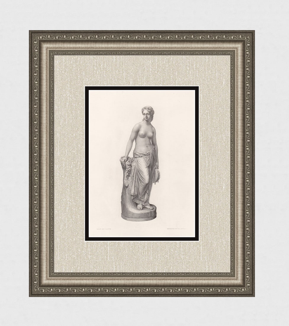 1800s William MARSHALL Engraving "Dancing Girl" Gallery Framed: William Calder Marshall (Scottish, 1813-1894). The Dancing Girl Reposing. Antique engraving on wove paper after the original sculpture by master engraver Richard Austin Artlett (English, 1807 - 1873).