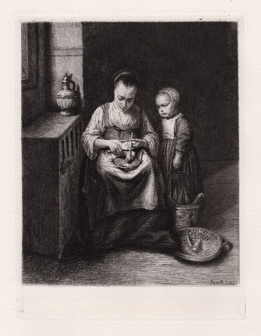 Nicolas Maes A Woman scraping Parsnips, with a Child standing by her. 1874 etching: Nicolas Maes. (also known as Nicolaes Maas) (Dutch, 1634-1693). A Woman scraping Parsnips, with a Child standing by her The Dutch Housewife). Antique etching on laid paper after the original oil on oa