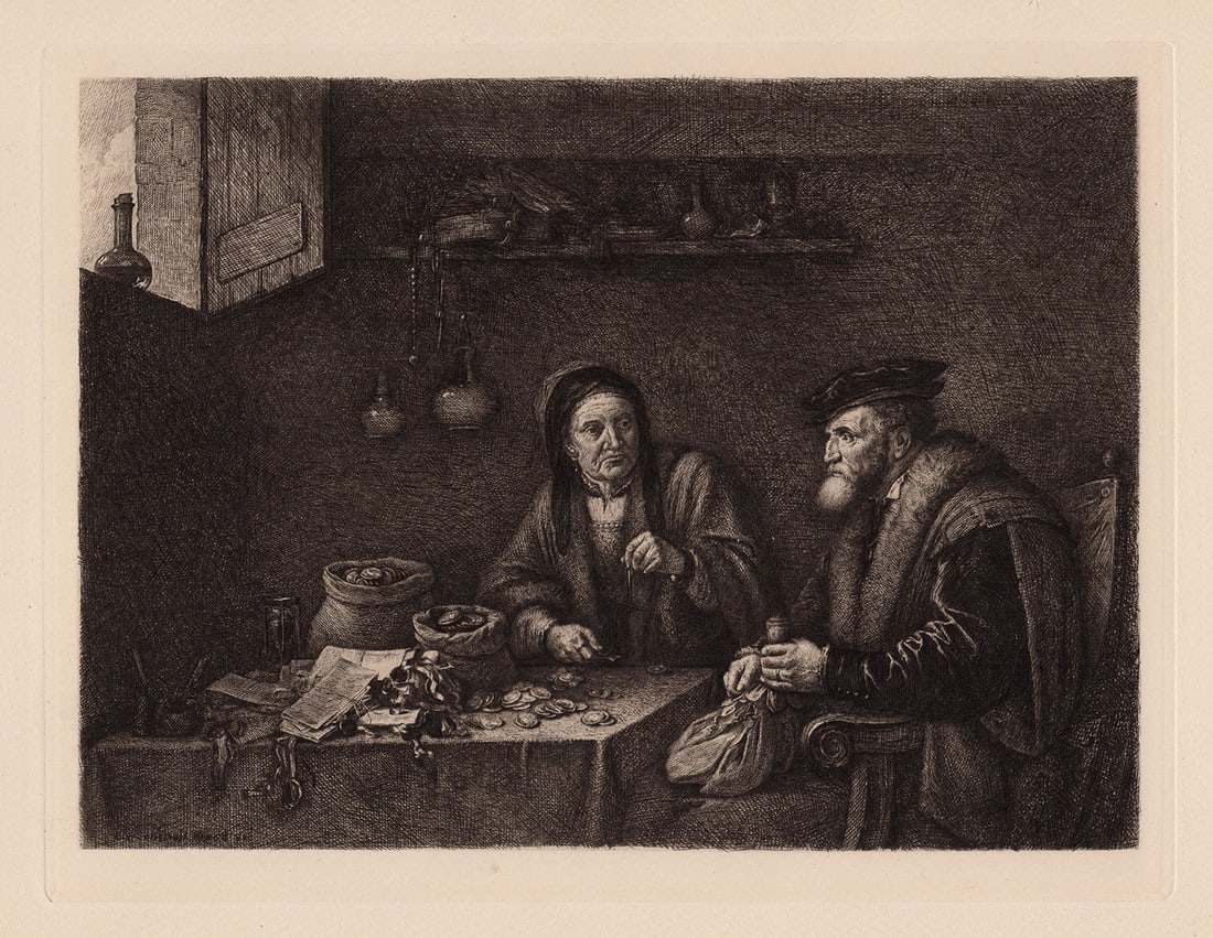 David Teniers the Younger The Money Changers (The Covetous Man) etching signed (1 of 2)