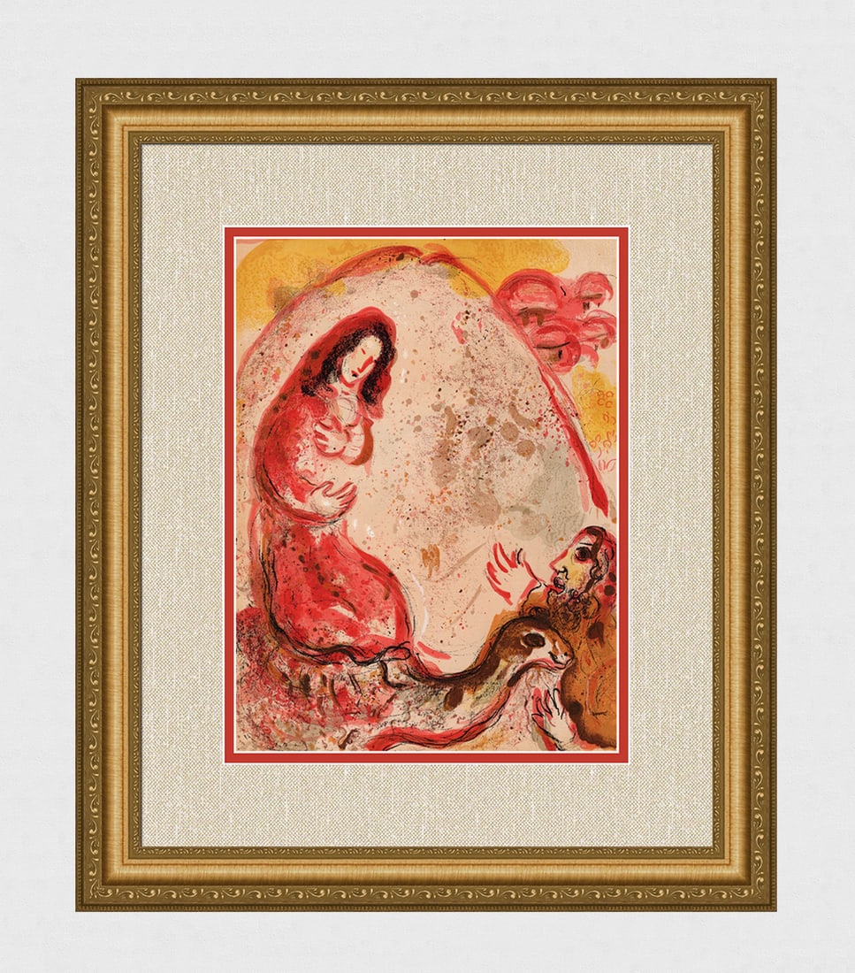 1960 Marc Chagall Lithograph Rachel steals her father's idols Framed: Marc Chagall (1887-1985) Rachel steals her father's idols (M. 242). Original Lithograph on Wove Paper. 1960. Limited to 6500 impressions. Atelier Mourlot. Dimensions: Sheet Size: c. 10 1/2 x 14 inches