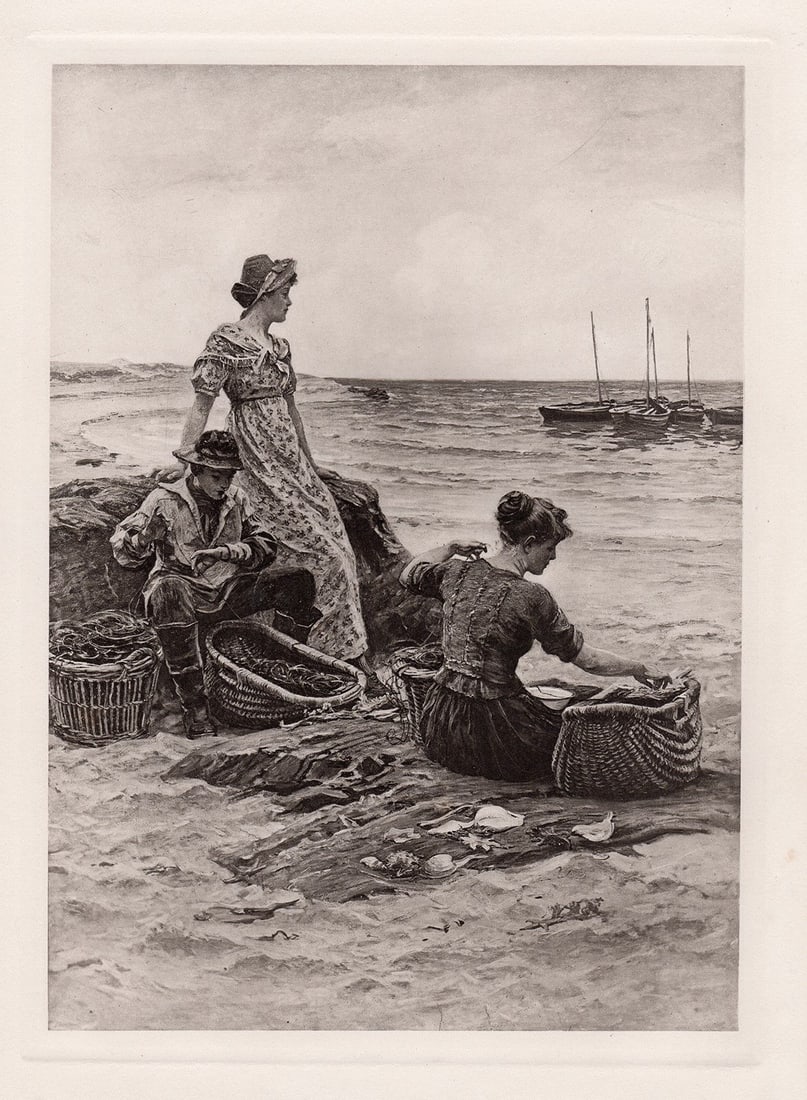 Colin Hunter The Baiters 1890 print: Colin Hunter. (British, Scottish, 1841-1904). The Baiters. Antique heliogravure on heavy wove paper after the original. 1890. Excellent. Image size 8 3/8 x 11 1/2 inches. Approximately 16 x 19 inches.