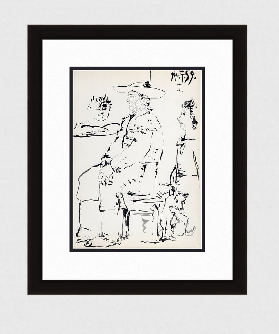 PABLO PICASSO 1961 Vintage Lithograph Couple with a Dog FRAMED: Pablo Picasso (1881 - 1973). Couple with a Dog (Pareja con un Perro). Black and white offset lithograph, on Arches paper, after the original sketch. Atelier: Mourlot. Year 1961. Signature/Dated: Dated