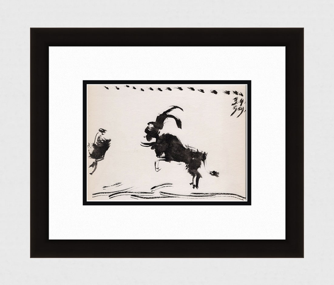 PABLO PICASSO 1961 Vintage Lithograph El Toro Furioso FRAMED: Pablo Picasso (1881 - 1973). The Furious Bull (El Toro Furioso). Black and white offset lithograph, on Arches paper, after the original sketch. Atelier Mourlot. Year: 1961. Signature/Dated: Dated in