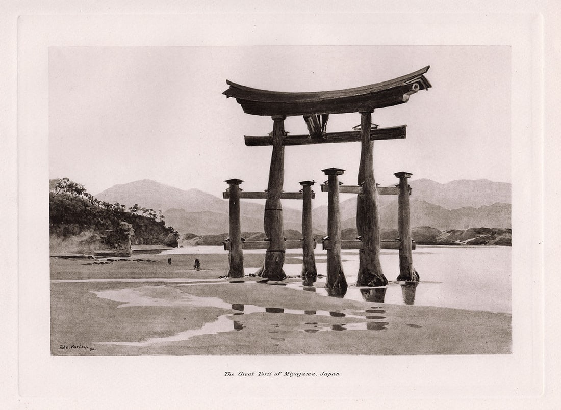 John Varley The Great Torii of Miyajima, Japan print signed: John Varley. Jr. (English, 1850-1933). The Great Torii of Miyajima, Japan. Antique heliogravure on wove paper after the original by a Master Engraver. 1891. Signed in the plate, lower right.