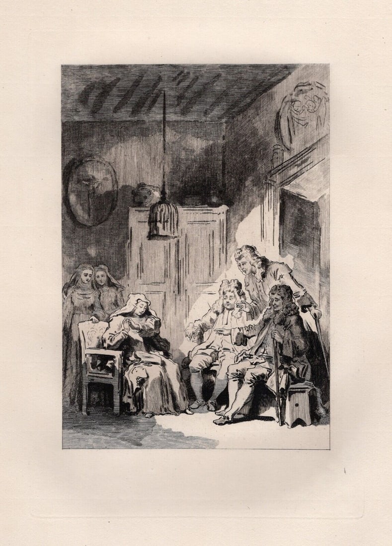 1800s Jean-Honore Fragonard Limited Etching L'abbesse Malade Framed: Jean-Honore Fragonard (French, 1732 - 1806). The Sick Abbess (L'abbesse Malade) (from Conte de La Fontaine). Antique etching on laid paper after the original by master engraver Adolphe Martial
