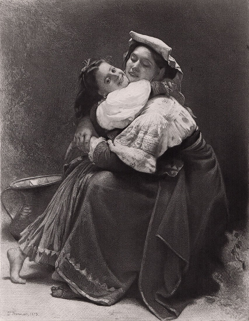 1875 Leon Joseph Florentin Bonnat Tenderness: Leon Joseph Florentin Bonnat. (French, 1833-1922). La Tenerezza (The Tenderness). Antique Heliogravuure on wove paper after the original by a master engraver. 1875. Signed in the plate, lower left.