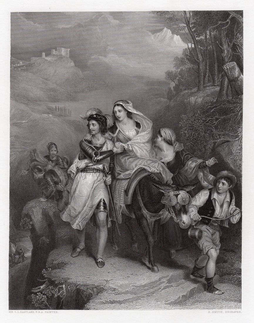 1853 Sir Charles Lock Eastlake PRA The Carrara Family engraving signed: Sir Charles Lock Eastlake PRA. (English, 1793 - 1865). The Carrara Family (The Escape of Francesco Novello di Carrara, with his Wife, from the Duke of Milan). Antique Engraving on wove paper after