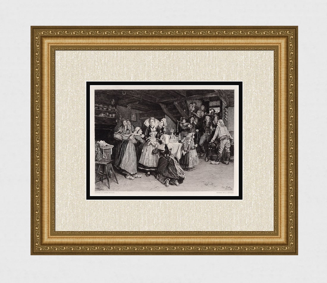 Henry MOSLER 1800s Etching "The Wedding Morning" SIGNED Framed: Henry Mosler (German, 1841 - 1920). The Wedding Morning. Antique etching on wove paper after the original by master etcher Charles Oliver Murray (Scottish, 1842 - 1923). Year: 1885. Image size 7 1/2