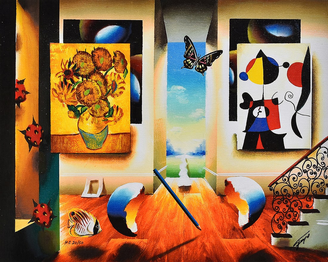 Ferjo Limited edition Giclee on Canvas Miro and Sunflowers Signed Numbered: Ferjo (Fernando de Jesus Oliveira) (B.1946;Brazilian). Miro and Sunflowers. Limited edition giclee on canvas. Signed lower right. Numbered from 350. Image size 16 x 20 inches. ***Please note, this