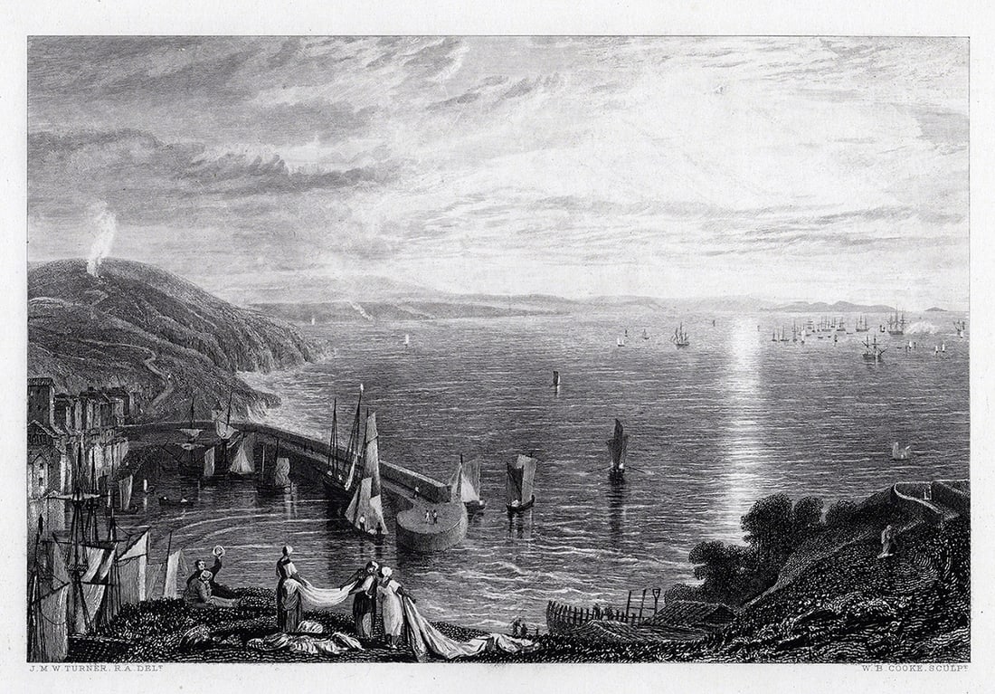 JMW TURNER 1800s Engraving Coastal View with Ships & Boats Framed Signed (1 of 3)