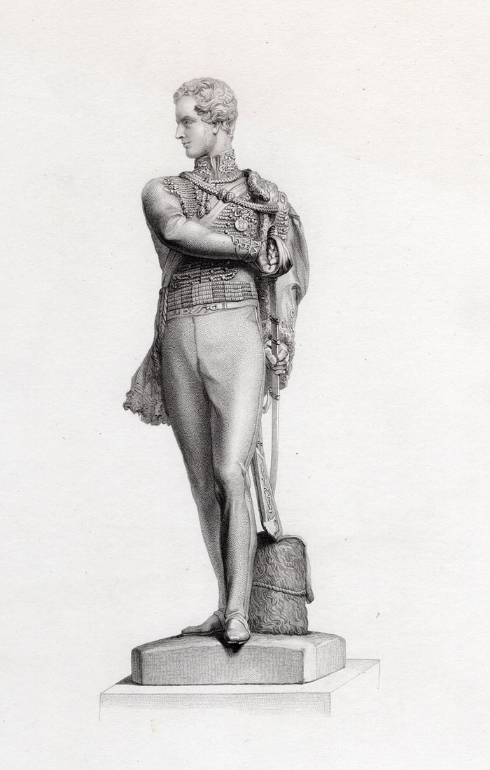 1800s Patrick McDowell Engraving The Young Hussar Framed: Patrick McDowell (Patrick MacDowell) (British, 1799-1870). The Young Hussar. Antique engraving on wove paper after the original statue by master engraver William Henry Mote (British, 1803-1871). Year: