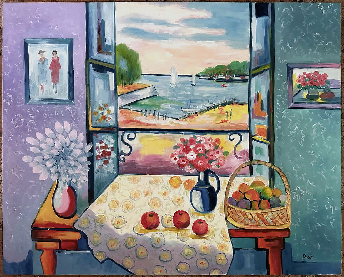 Exceptional Jean Calude Picot Sailboats - Interior Oil Painitng 28 x 36 inches: Jean Claude Picot (1933 - 2020). Small Regattas (Petits Regates). Original Oil painting on canvas. Signed by the artist lower right. Signed and titeld on the reverse. Year: Early 1990's. Canvas Size: