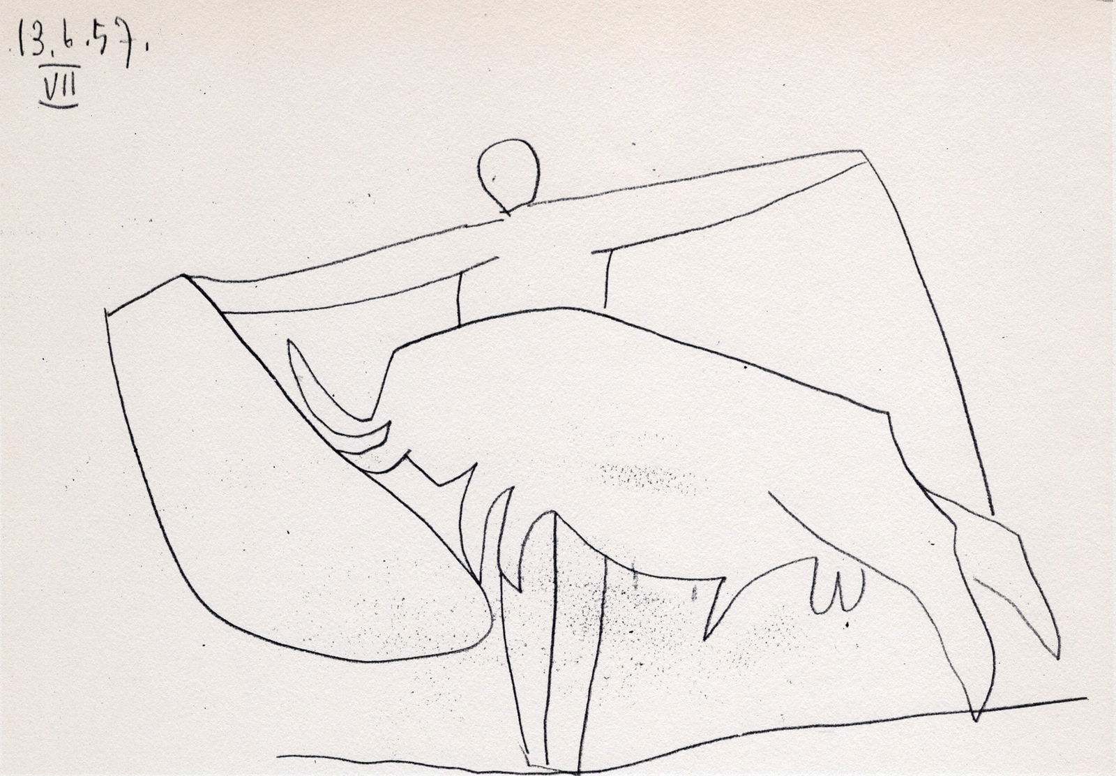 Pablo Picasso 1961 Vintage Lithograph Bullfight FRAMED: Pablo Picasso (1881 - 1973). Dancing with the Bull (Bailando con el Toro). Black and white offset lithograph, on Arches paper, after the original sketch. Atelier: Mourlot. Year: 1961. Signature/Dated: