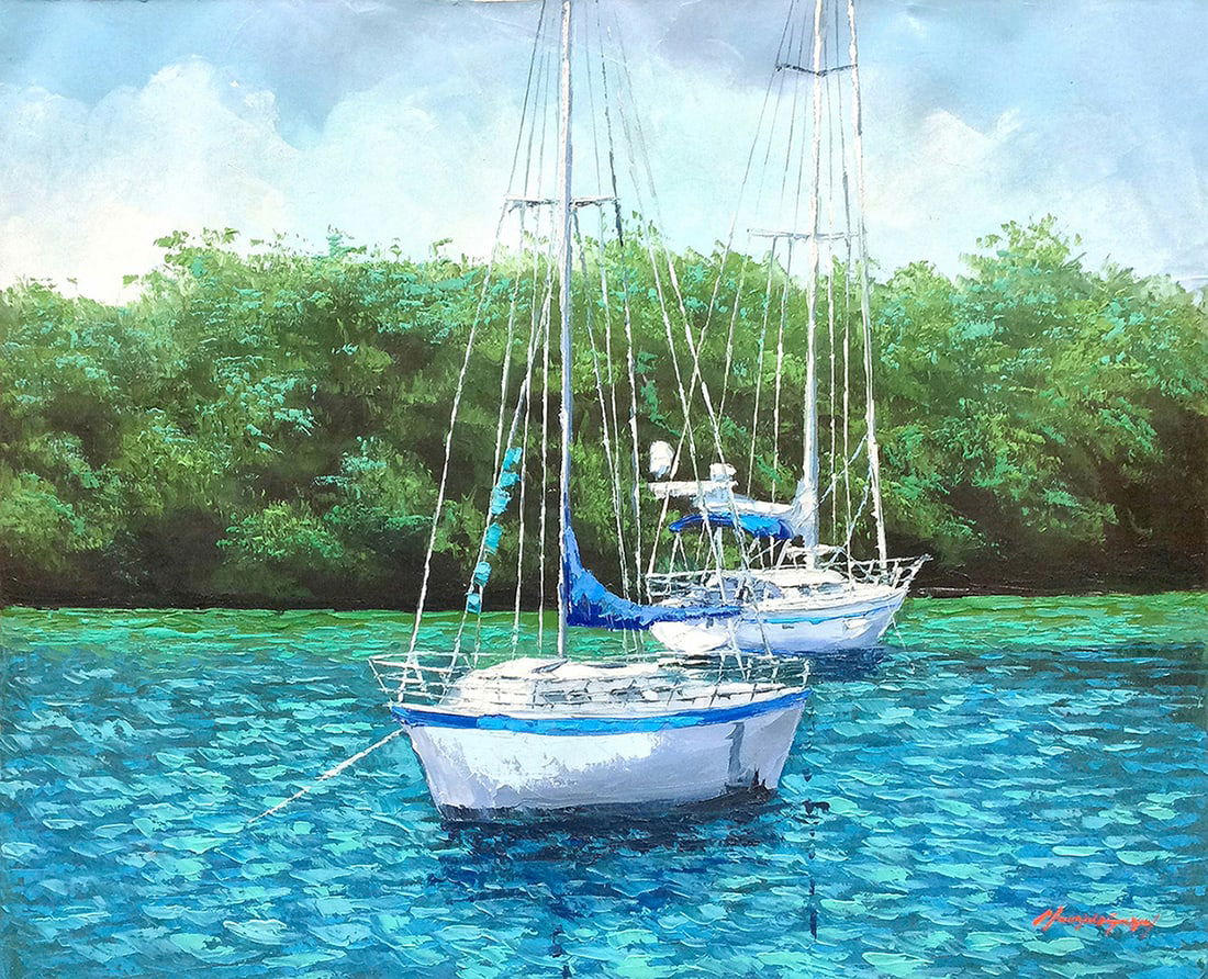 Mauricio Garay Original Painting Out Boating 30 x 24 inches: Mauricio Garay. Out Boating. Original oil painting on canvas. Canvas Size 30 x 24 inches. Mauricio Garay began to arouse his interest in art at an early age, with some artistic guidance from his uncle