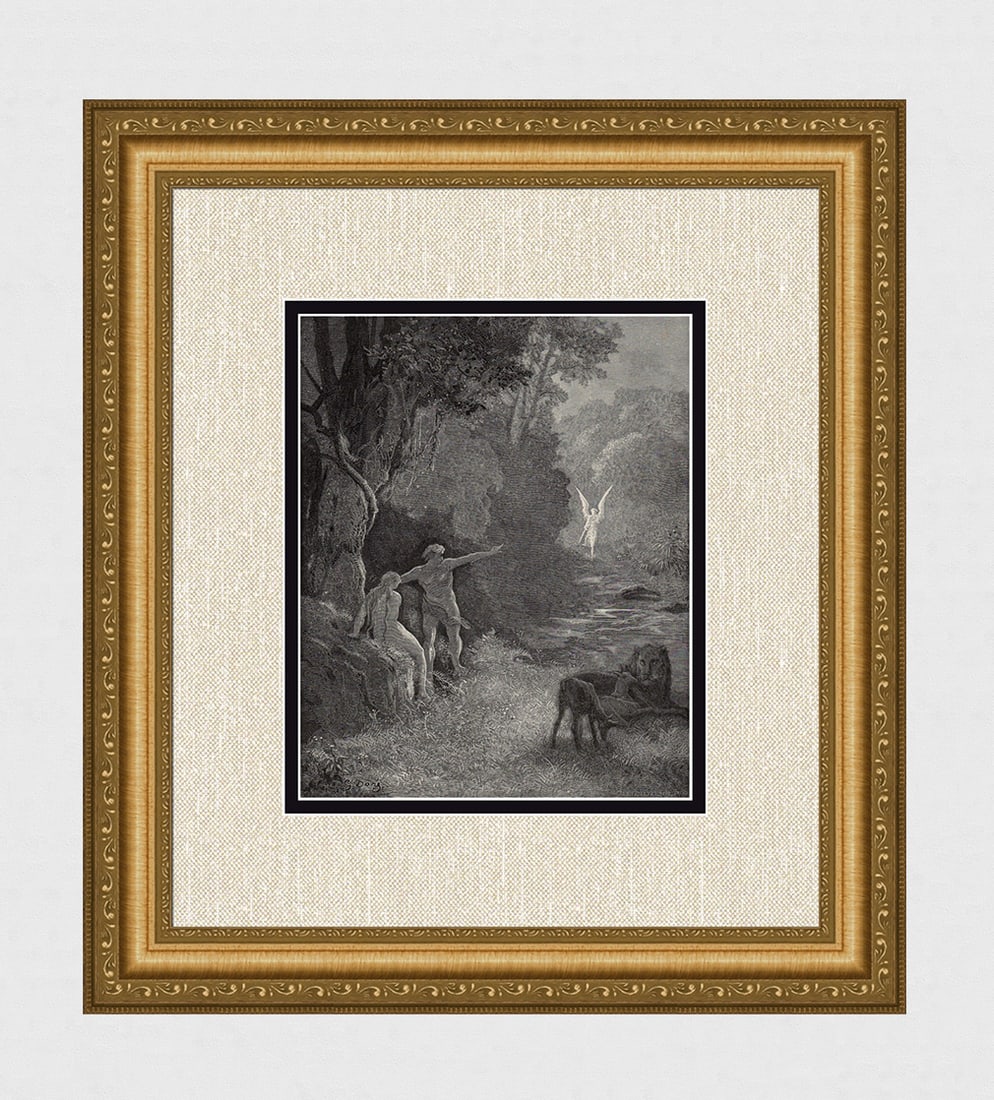 Gustave Dore Adam & Eve (Milton's Paradise Lost) c. 1880 Wood Engraving Signed: Gustave Dore (Paul Gustave Louis Christophe Dore) (French, 1832-1883). Heavenly Stranger in the Garden of Eden (Milton's Paradise Lost). Antique Wood Engraving on wove paper executed by master wood en