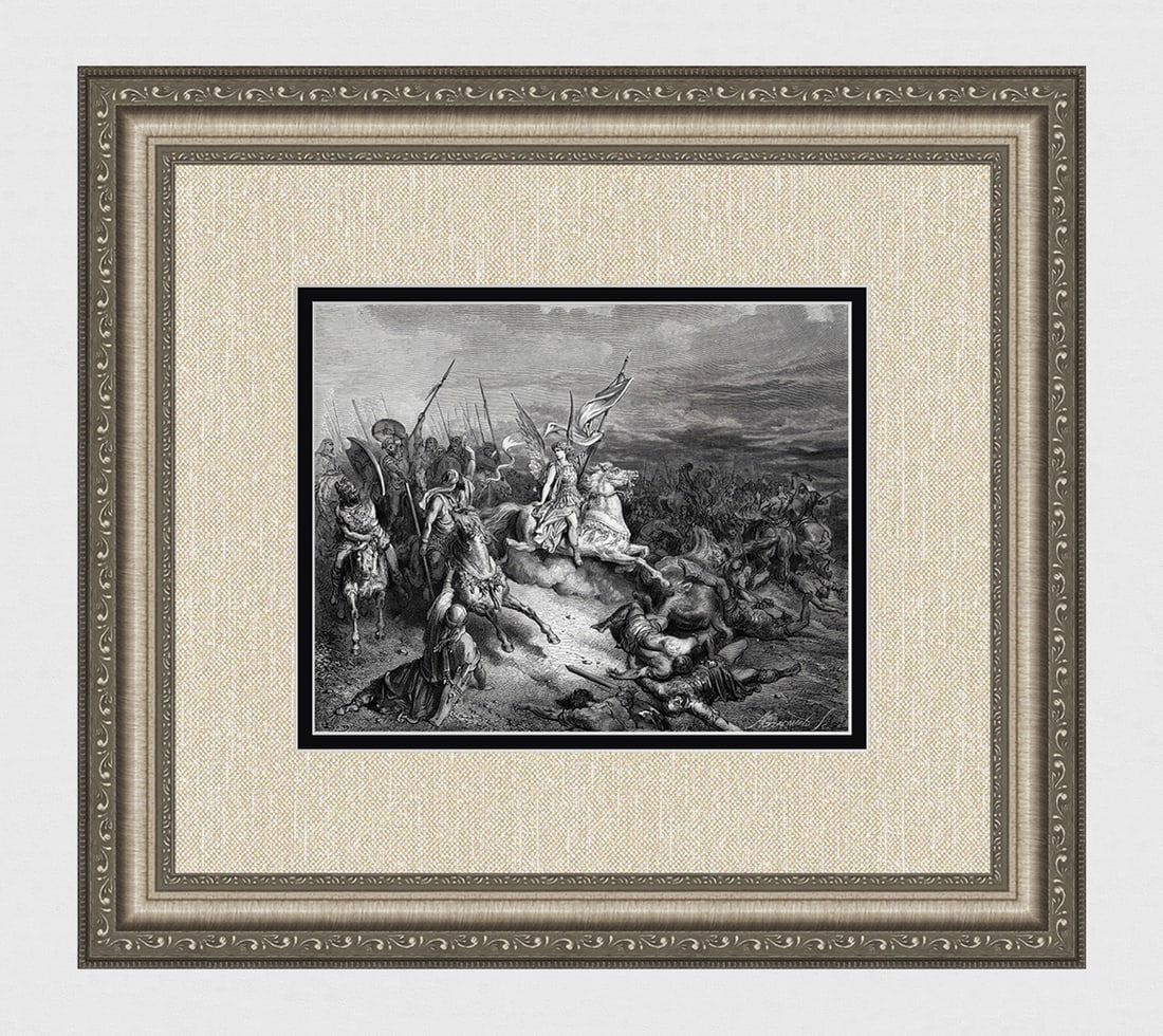 SIGNED 1800s GUSTAVE DORE'S BIBLE Woodcut Judas Defeats Lysias FRAMED: Gustave Dore (Paul Gustave Louis Christophe Dore) (French, 1832-1883). The Angel is sent to Deliver Israel (from Dore's Bible). Antique woodcut wove paper after the original by a master wood engraver
