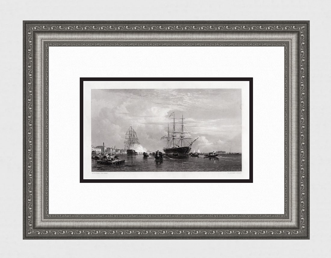 Edward William Cooke 1800s Engraving Harbor Scene & Gondolas Signed Framed (1 of 4)