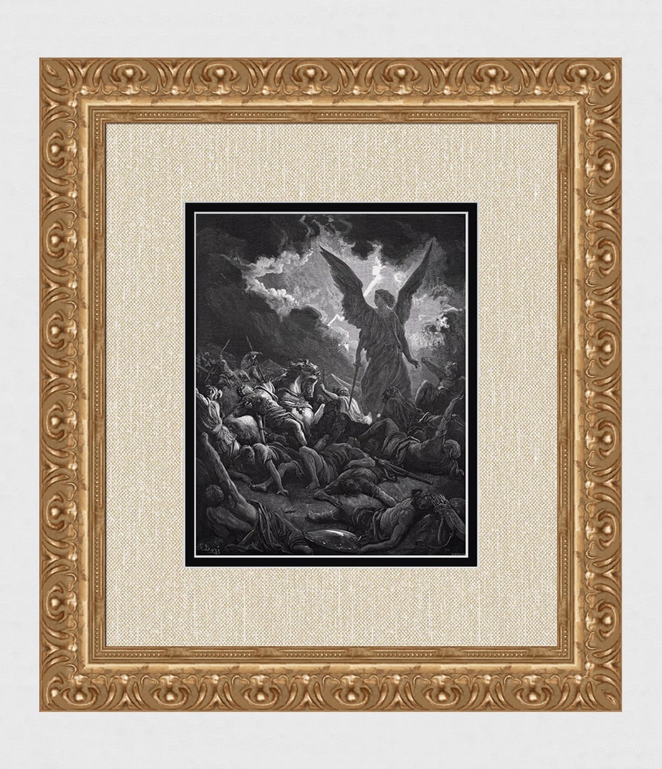 1800s GUSTAVE DORE Biblical Woodcut Sennacherib's Army Destroyed FRAMED SIGNED (1 of 3)