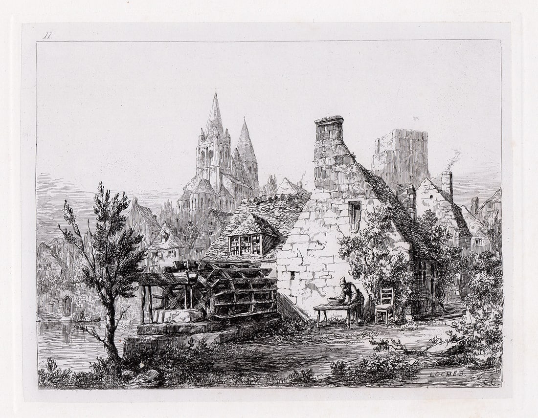 1875 Sir Ernest George Loches. Water Mill on the Indre St. Ours, and the Donjon Keep etching signed (1 of 2)