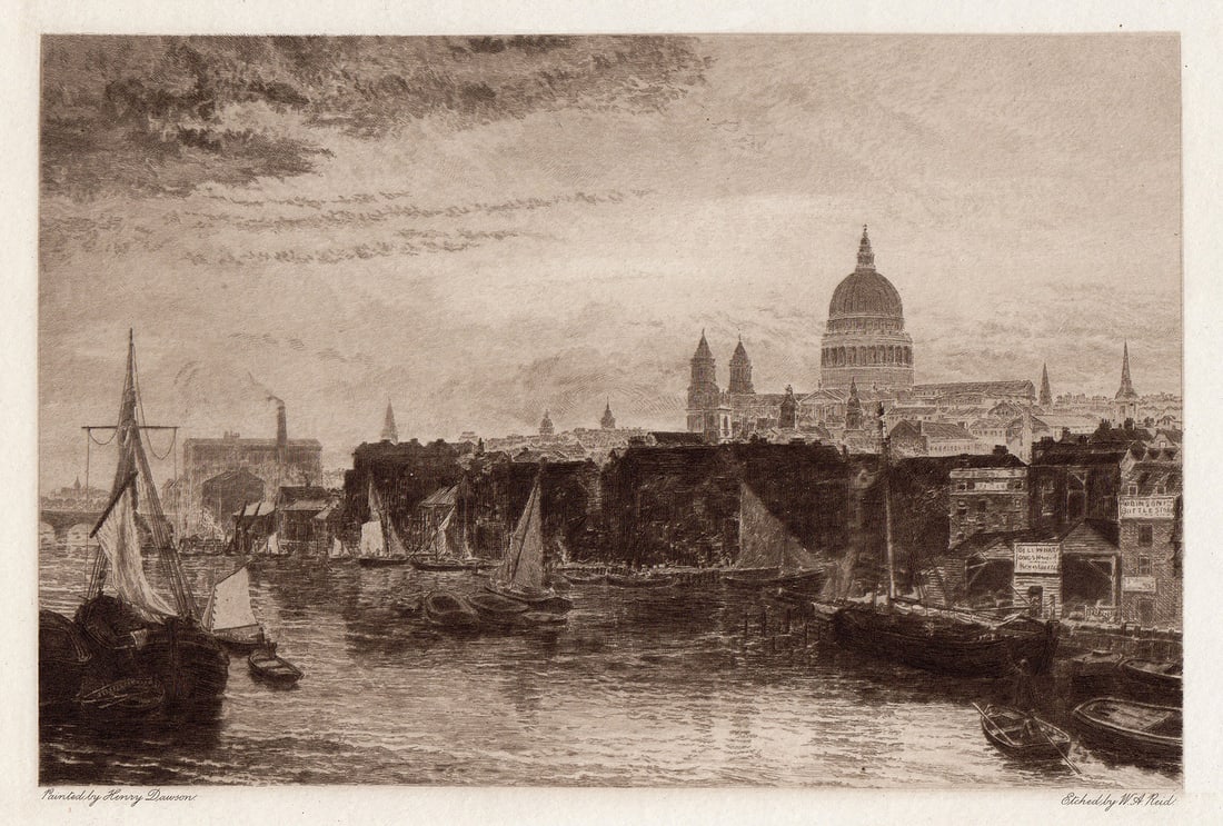 HENRY DAWSON Etching "View of St Paul's from the River" Framed Signed (1 of 3)