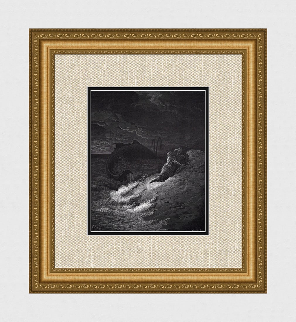 FRAMED 1800s GUSTAVE DORE Religious Woodcut JONAH'S PRAYER Signed: Gustave Dore (Paul Gustave Louis Christophe Dore) (French, 1832-1883). Jonah Cast Forth by the Whale (from Dore's Bible). Antique woodcut wove paper after the original by a master wood engraver Paul J