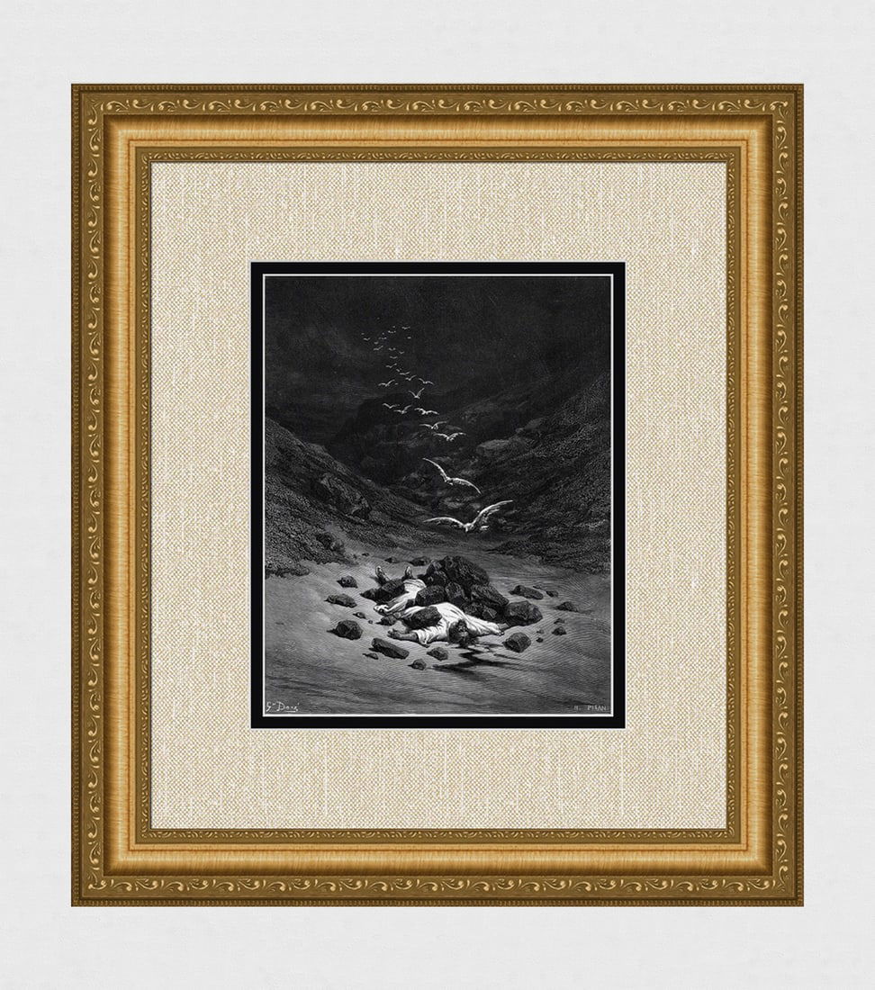 GUSTAVE DORE'S BIBLE 1800s Woodcut ACHAN IS STONES TO DEATH Framed Signed (1 of 3)