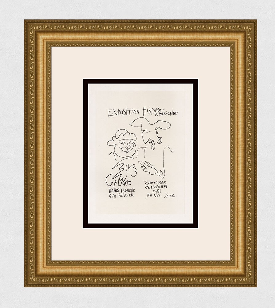 Pablo Picasso Exposition Hispano-Americaine III 1959 Lithograph Signed: Pablo Picasso. Exposition Hispano-Americaine III. Color Lithograph after the Original Poster. 1959. Signed in the plate. Sauret. Atelier Mourlot. Image Size - 6 3/8 x 8 7/8 inches. Framed dimensions: