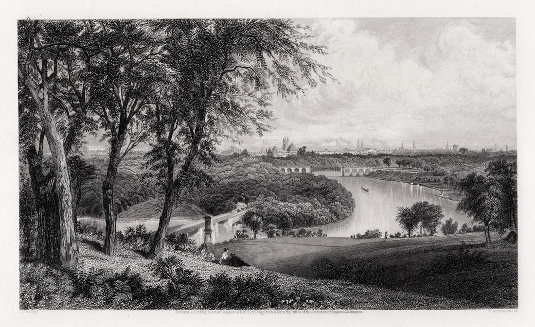 1800s GRANVILLE PERKINS SIGNED Engraving Philly from Belmont Framed (1 of 3)