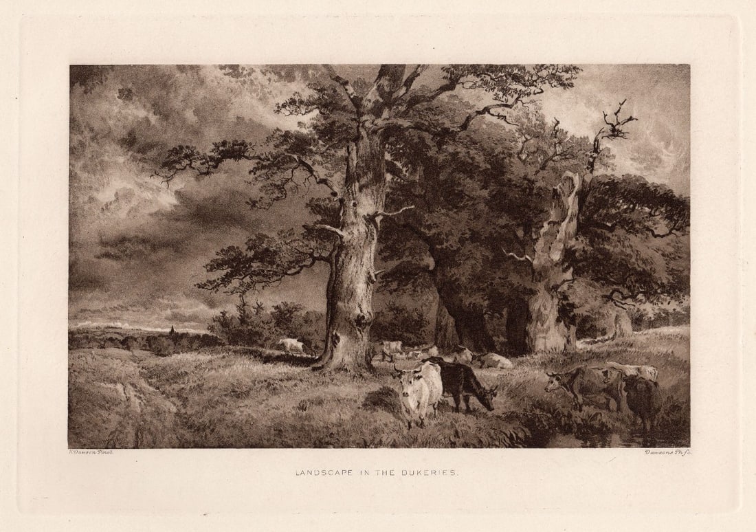 Henry Dawson 1890 print Landscape in the Dukeries signed: Henry. T. Dawson (British, 1811-1878). "Landscape in the Dukeries". Antique Heliogravure on thick wove paper after the original by Alfred Dawson (British, 1843-1931). 1890. Signed in the plate. Excell