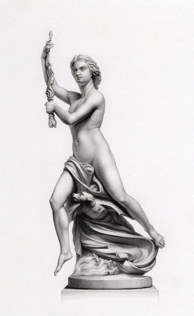 1800s JOHN GRAHAM LOUGH Engraving "Ariel with her Dog & Torch" Framed (1 of 2)