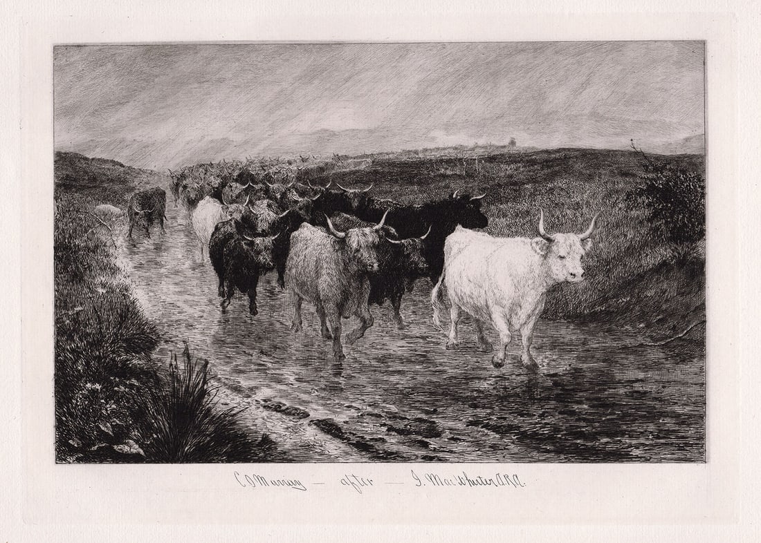 1881 John MacWhirter West Highlanders etching signed: John MacWhirter. (Scottish, 1837-1911). West Highlanders. Hand pulled copper plate etching on laid paper after the original by master etcher Charles Oliver Murray (Scottish, 1842-1923). 1881. Signed i
