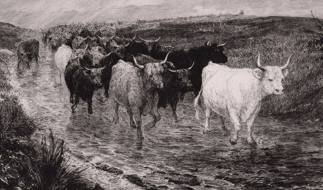 1881 John MacWhirter West Highlanders etching signed - 2