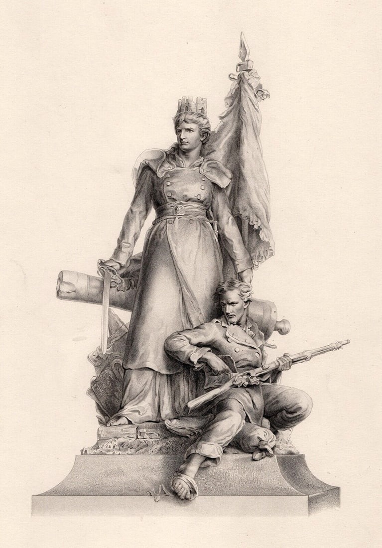 Louis-Ernest Barrias 1800s Engraving Defending Paris Framed: Louis-Ernest Barrias (British, 1841 - 1905). The Defence of Paris. Antique engraving on wove paper after the original by master engraver Edward Jackson Stodart (British, 1879-1929). Year: 1884. Image