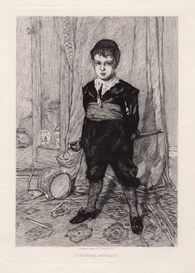 Sir William Quiller Orchardson Conditional Neutrality 1878 etching: Sir William Quiller Orchardson. (Scottish,1832-1910). Conditional Neutrality. Antique Copper plate etching on thick laid paper after the original by master etcher Leon Richeton (French/British, 1854-1