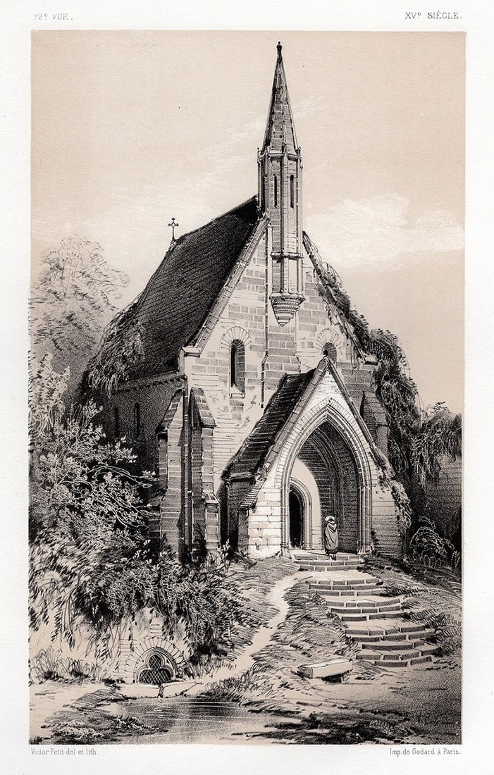 ORIGINAL Victor PETIT 1800s Lithograph Fontainejean Abbey FRAMED SIGNED (1 of 3)