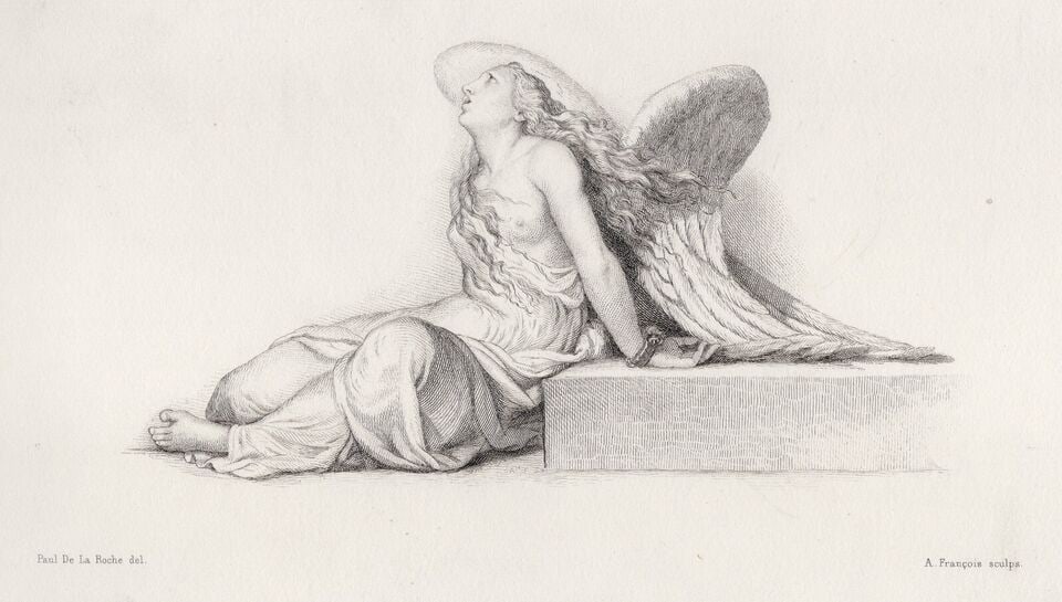 SIGNED 1800s PAUL DELAROCHE Antique Engraving The Spirit Enchained FRAMED: Paul Delaroche (Hippolyte-Paul Delaroche) (French, 1797-1856). The Spirit Enchained. Antique Engraving on wove paper after the original by master engraver Alphonse Francois (French, 1814-1888). Year: