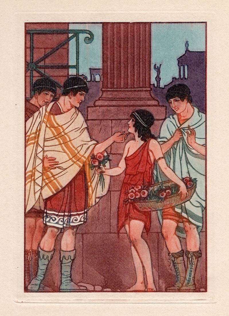 Joseph Kuhn-Regnier 1929 Color Engraving "The Flower Seller" Limited Framed: Joseph Kuhn-Regnier (French, 1873 - 1940). The Flower Seller. Original color aquatint engraving on wove paper. Year: 1929. Limited to 3300. Image Size 3 3/4 x 5 3/8 inches. Framed dimensions approxima