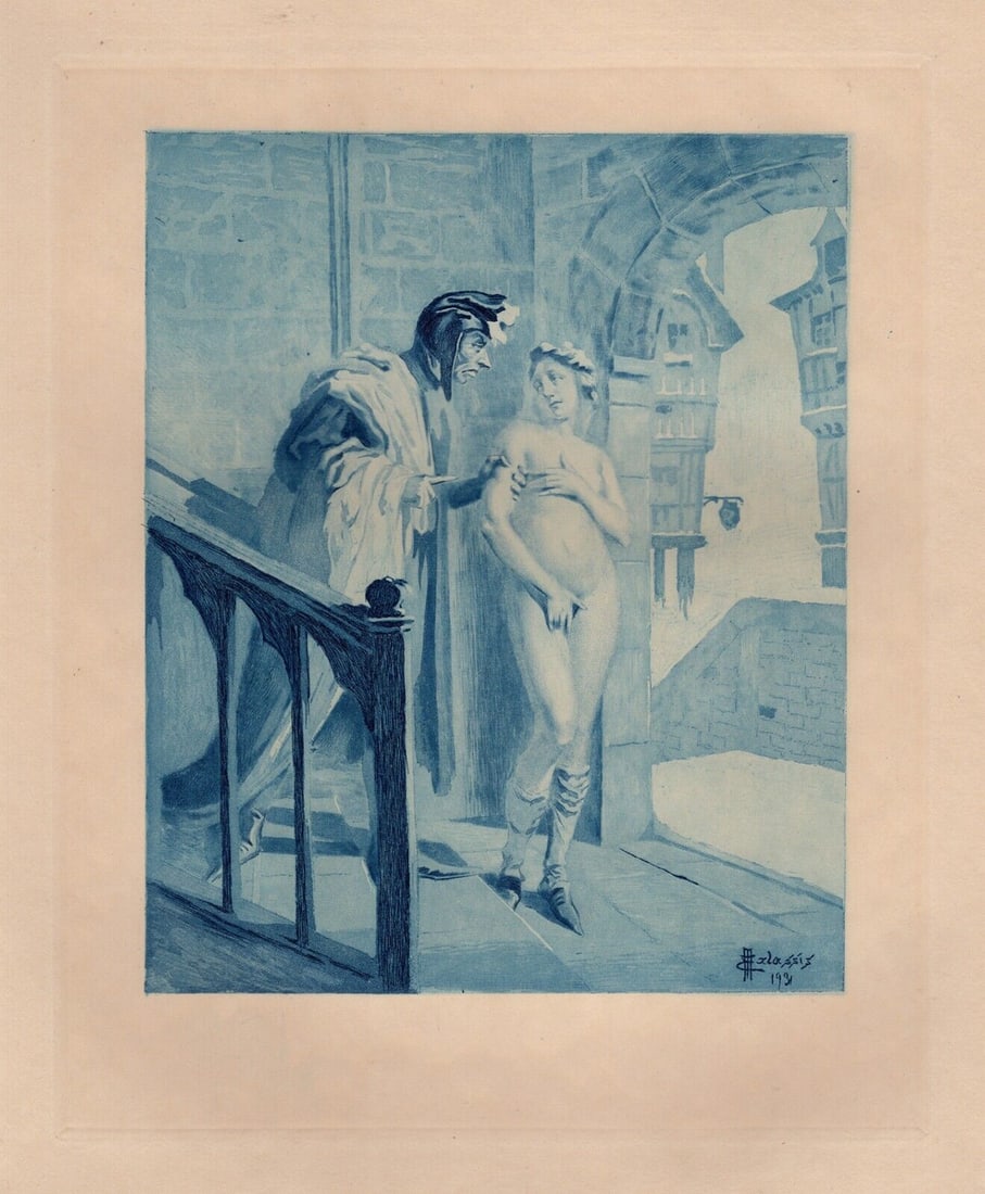 Edmond MALASSIS Limited Kinky Engraving La Conversation SIGNED FRAMED: Edmond Malassis (French, 1874 - 1944). The Conversation I (La Conversation I) (Cent Nouvelles Nouvelles). Vintage copper plate engraving in blue ink on Velin paper after the original by master engrave