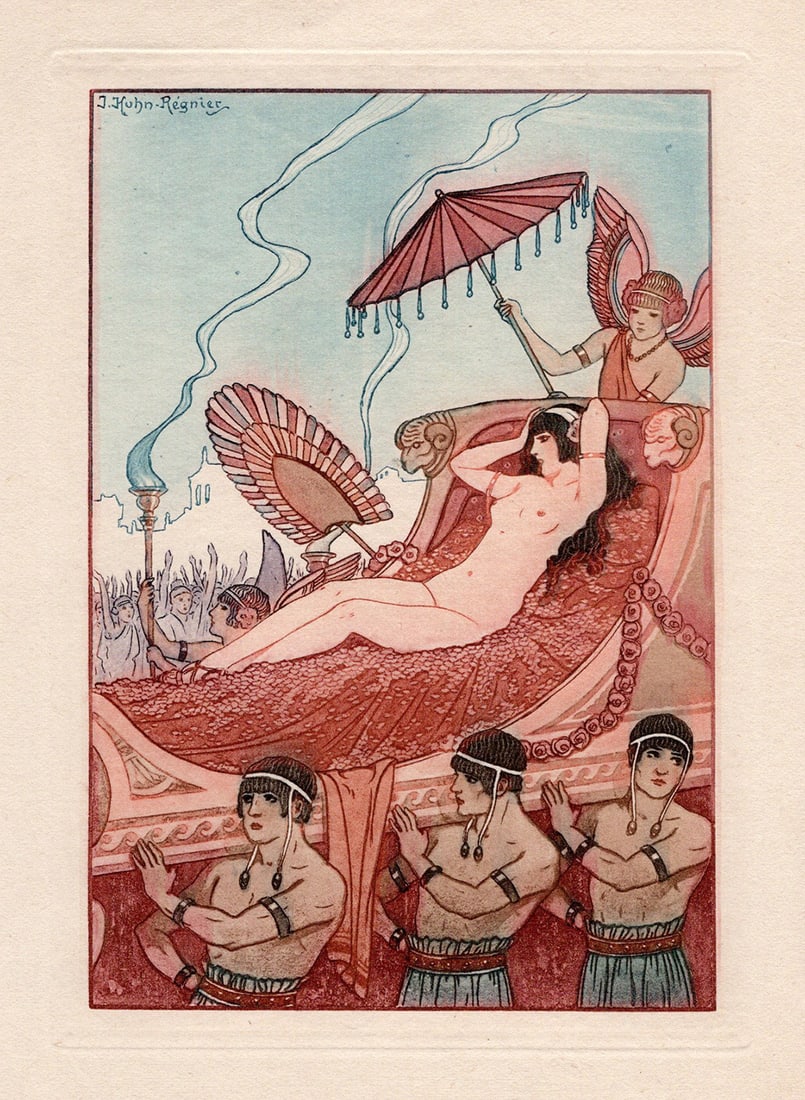 Joseph Kuhn-Regnier 1929 Color Engraving "Her Majesty" Limited Framed Signed: Joseph Kuhn-Regnier (French, 1873 - 1940). Her Majesty. Original color aquatint engraving on wove paper. Year: 1929. Signed in the plate, upper left. Limited to 3300. Image Size 3 7/8 x 5 1/2 inches.