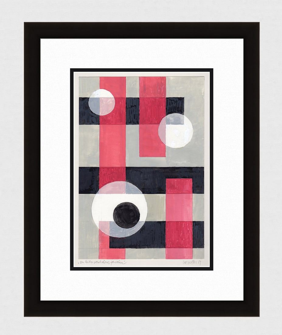 Mathis Original Gouache Slightly moved Centre Framed Swiss: Josef Johann Mathis (Joe Mathis, 1913 - 2002; Swiss). Slightly moved Centre (Das leicht verschobene Zentrum). Original Mixed Media Gouache on paper. Year: 1989. Hand signed and dated in pencil, lower