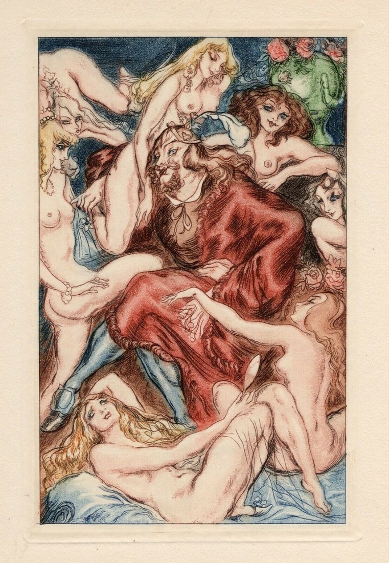 Nicolas Sternberg 1930 Color Engraving "King Pausole" Limited Framed: Nicolas Sternberg (Hungarian, 1901-1960). King Pausole and his many Wives. Original color aquatint engraving on wove paper. Year: 1930. Limited to 3300. Image Size 3 5/8 X 5 3/8 inches. Framed dimensi