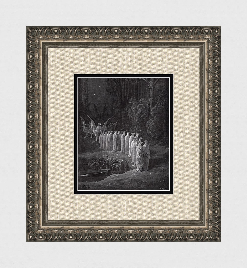 1800s Gustave DORE Divine Comedy Wood Engraving Four BeastsFRAMED Signed: Gustave Dore (Paul Gustave Louis Christophe Dore) (French, 1832-1883). Chant 29 The Procession of the Elders (from Dante's Divine Comedy Purgatory). Antique Wood Engraving on wove paper after the orig