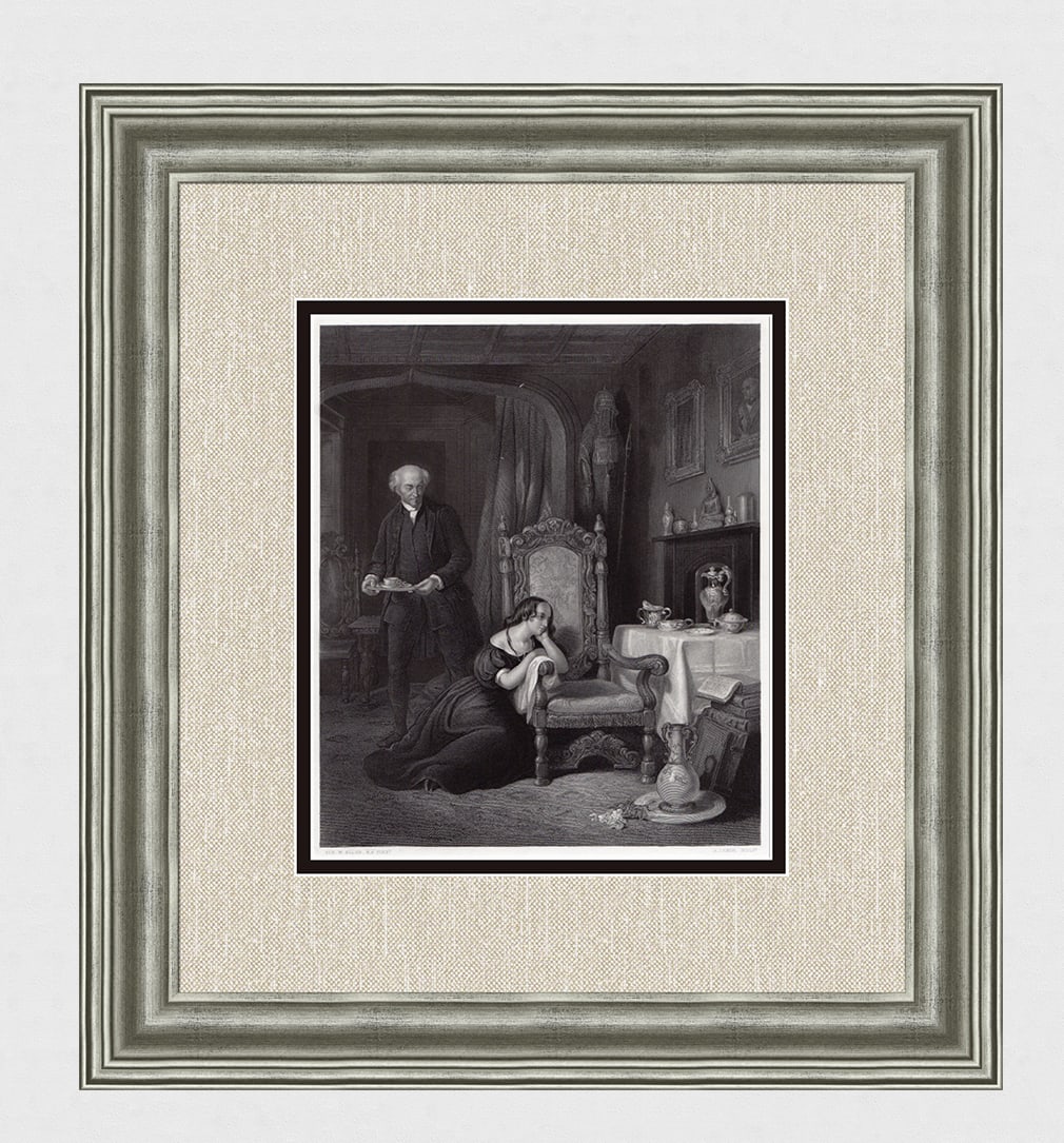 William Allan 1800s Antique Engraving Mourning a Lost Love Framed Signed: Sir William Allan (Scottish,1782 - 1850). The Empty Chair; Abbotsford. Antique engraving on wove paper after the original by master engraver Henry Lemon (British, 1823-1882 after fl. 1855-82 according