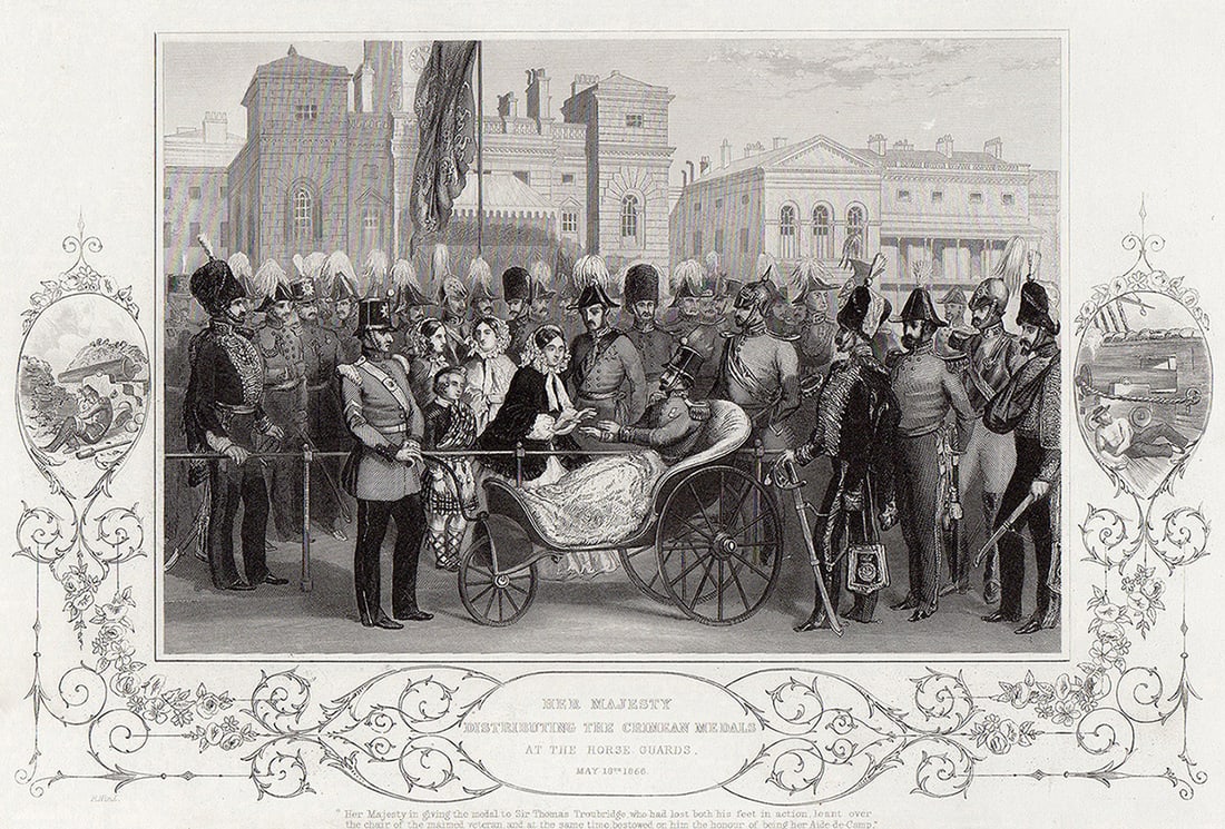 1800s Robert Neal Hind Engraving The Queen Signed Framed: Robert Neal Hind (1817-1879). Her Majesty distributing the Crimean medals. Antique engraving on wove paper after the original by a master engraver. Year: c. 1855. Signed in the plate. Condition: Excel