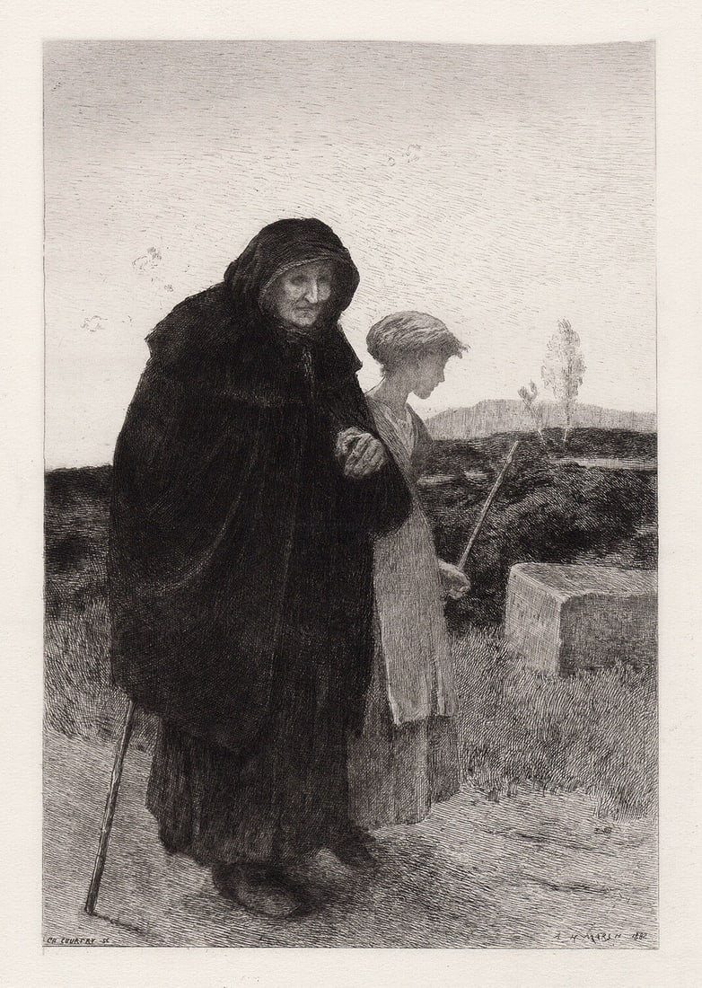 1884 Arthur Hardwick Marsh Homeless etching signed: Arthur Hardwick Marsh. (British, 1842-1909). Homeless. Antique etching on wove paper after the original by master etcher Charles-Jean-Louis Courtry (French, 1846-1897). 1884. Signed in the plate. Exce