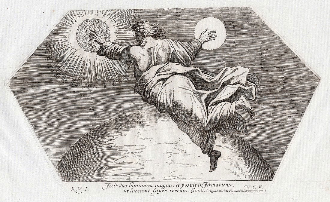 Raphael 1649 Engraving Vatican God Created the sun and the Moon: Raphael (Italian, 1483-1520). God made the two great lights, the greater one to govern the day, and the lesser one to govern the night, and the stars. God set them in the dome of the sky, to illuminat
