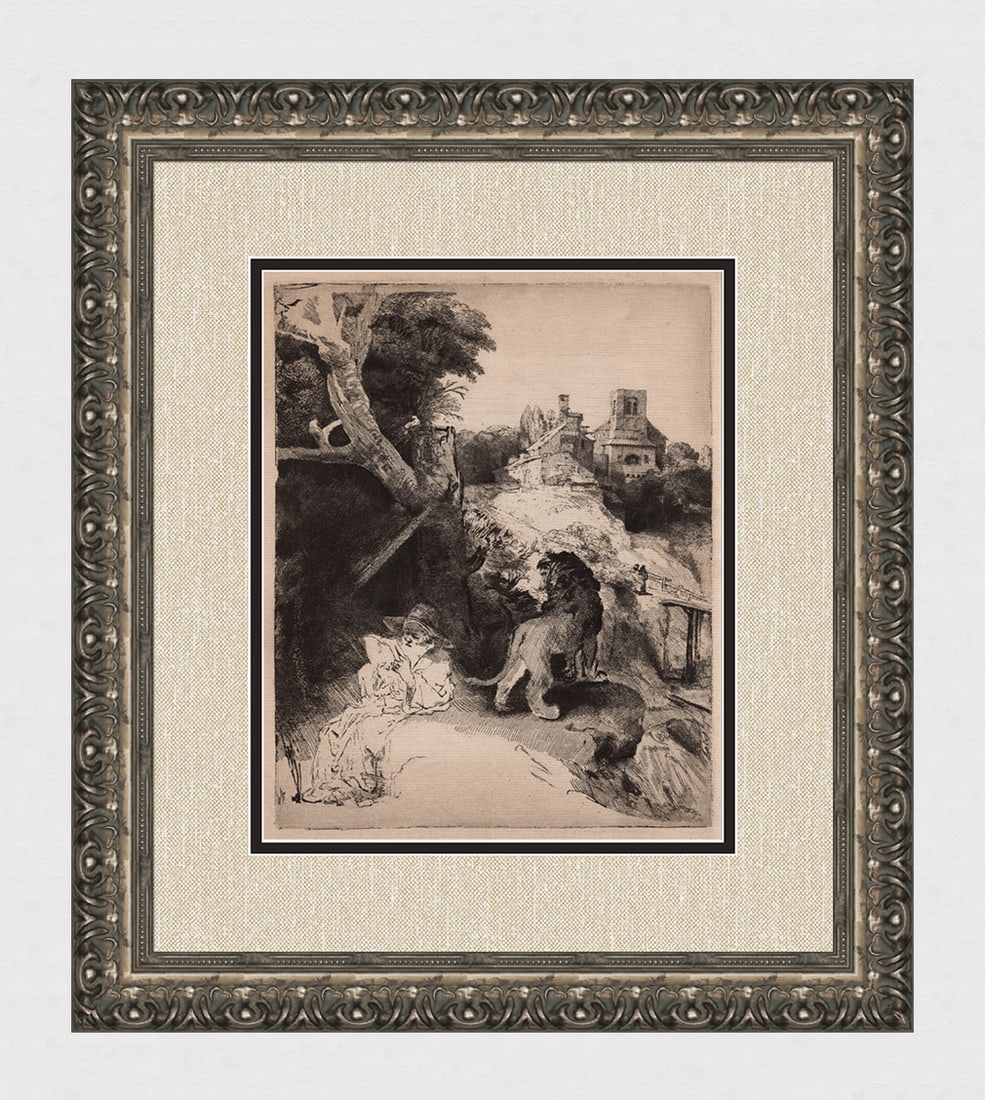 1800s REMBRANDT B104 Etching St. Jerome Reading in an Italian Landscape Durand Framed (1 of 5)