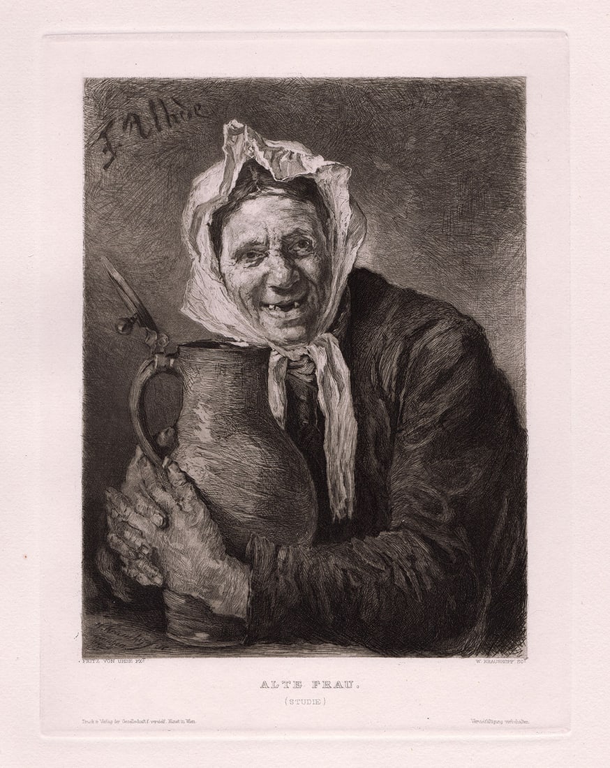 Fritz von Uhde Alte Frau (Old Woman) 1887 etching: Fritz von Uhde. (Friedrich Hermann Carl Uhde) (German, 1848-1911). Alte Frau (Old Woman). Antique hand pulled copper plate etching on wove paper after the original by master etcher W. Krauskopf. 1887.